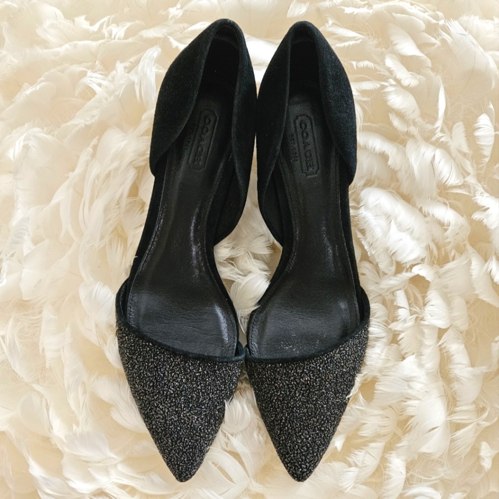 Coach D'Orsay Black Suede Glitter Heels 7.5